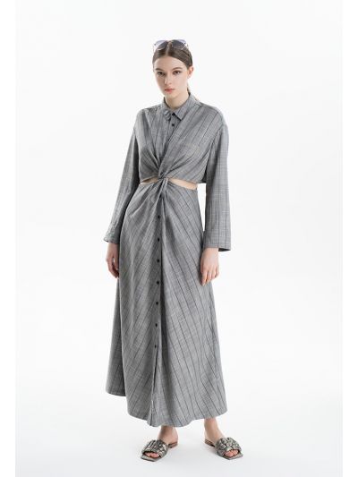 Striped Cut-Out Collared Overlapped Dress -Sale