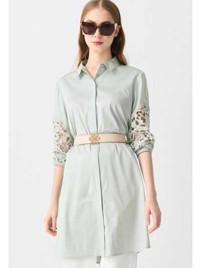 Lace Sleeve Solid Long Shirt