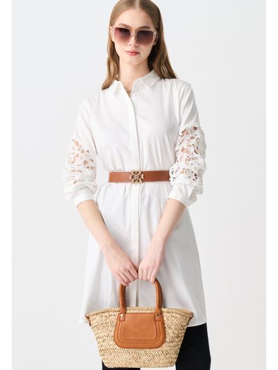 Lace Sleeve Solid Long Shirt