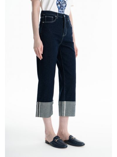 Folded Hem Solid Denim Jeans -Sale