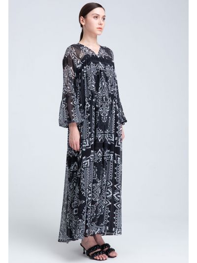 Printed Non-Crushed Thin Linen Dress (Free Size)