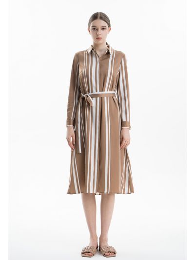 Striped Buttons Collared Maxi Dress -Sale