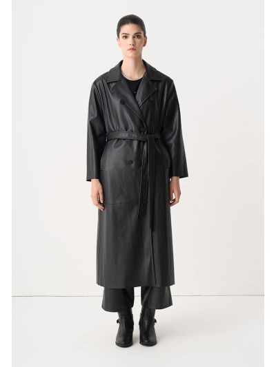 Synthetic Leather Belted Maxi Trench Coat