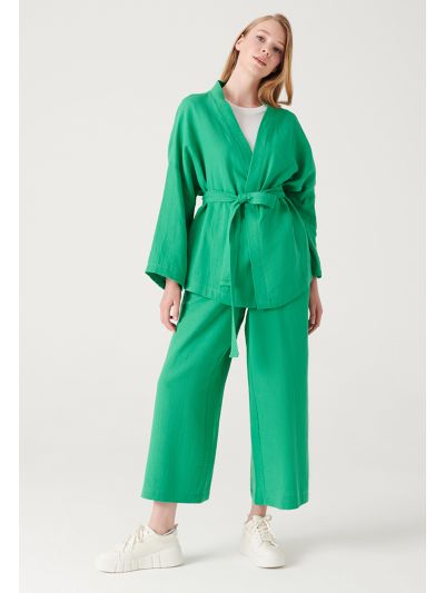 Solid Textured Open Kimono and Trouser Set -Sale