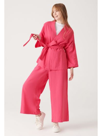 Solid Textured Open Kimono and Trouser Set -Sale