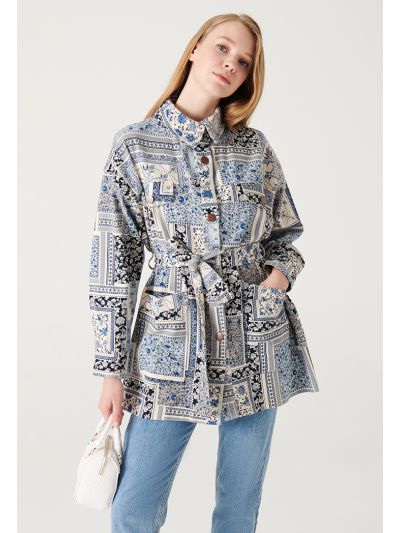 Multiprint Denim Texture Buttoned Jacket -Sale