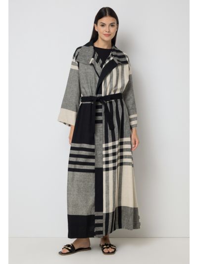 Checked Oversized Belted Long Jacket