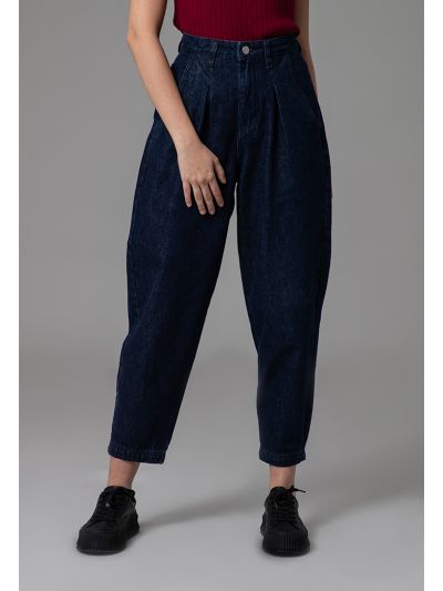 High Rise Front Pleats Slouchy Denim Jeans