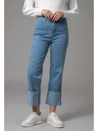 High Rise Regular Cut Folded Hem Denim Jeans