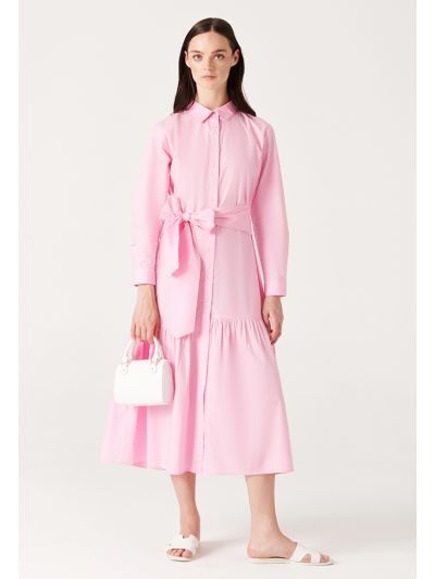 Tiered Waist Band Cotton Shirt Dress -Sale