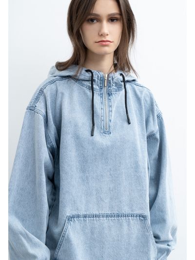 Solid Denim Loose Sweatshirt With Hood -Sale