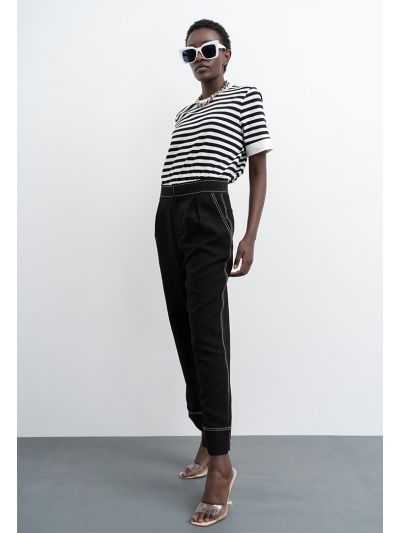 Contrast Running Stitch Solid Pants
