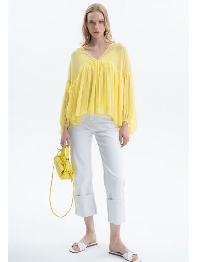 Solid Gathered Butterfly Tulle Blouse With Singlet -Sale