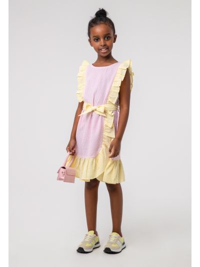 Contrasting Frill Seersucker Sleeveless Dress -Sale