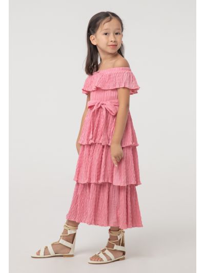 Solid Seersucker Off-The-Shoulder Tiered Dress -Sale