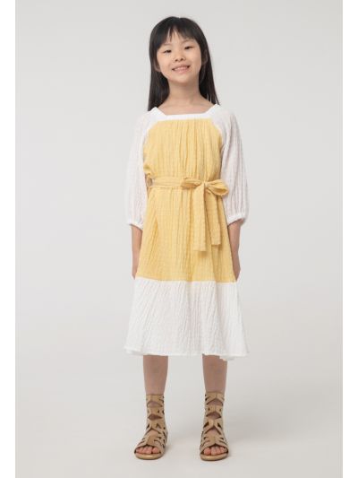 Seersucker Color blocking Long-Sleeves Dress