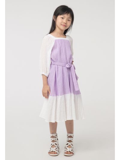 Seersucker Color blocking Long-Sleeves Dress