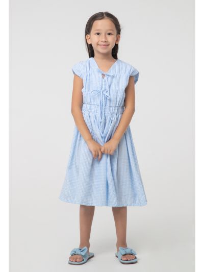 Check Seersucker Drawstring Bodice Dress