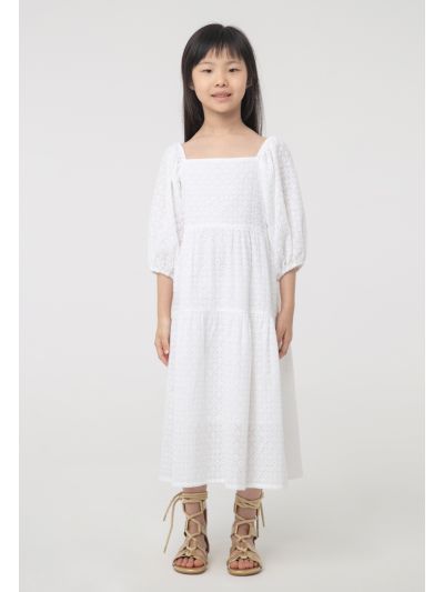Solid Puff Eyelet Lace Fabric Dress -Sale