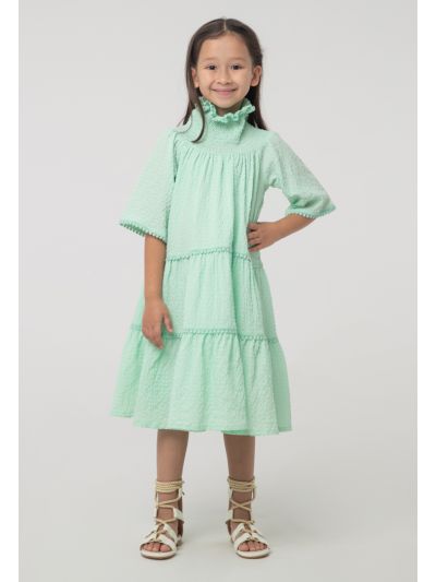 Solid High Neck Smoking Pompom Trim Dress -Sale