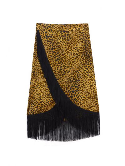 Leopard Print Wrap Fringe Skirt