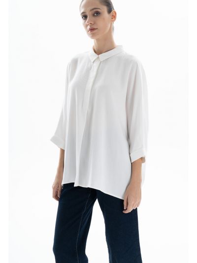 Collared Short Winged Sleeves Solid Oversize Shirt -Sale