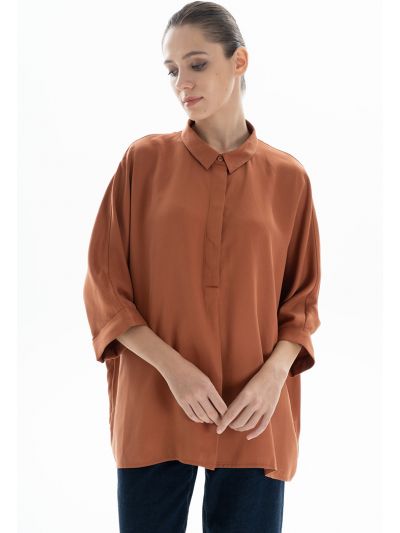 Collared Short Winged Sleeves Solid Oversize Shirt
