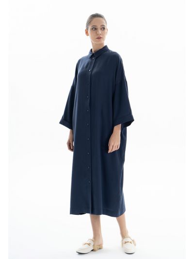 Collared Short Sleeves Buttoned Maxi Shirt Dress -Sale