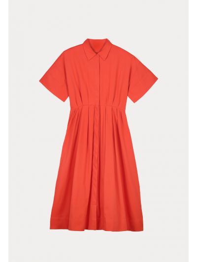 Solid Poplin Dress With Pleated Waist -Sale