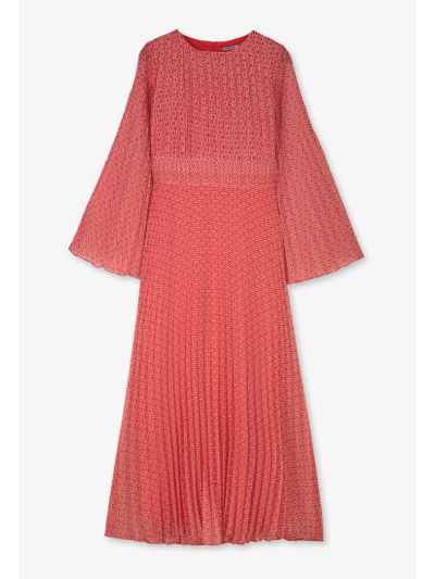 Pleated Monogram Print Flared Maxi Dress
