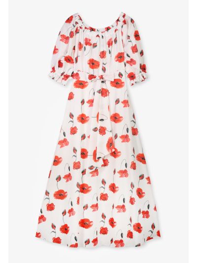 Printed Elastic Neckline Belted Dress