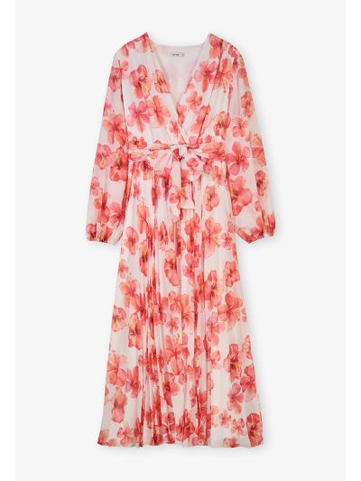 Pleated Printed Belted V-Neck Dress