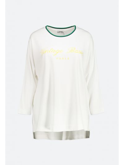 Ribbed Neck Text Embroidered Top
