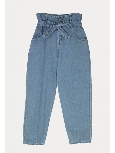 High Rise Paperbag Waist Band Regular Fit Denim Jeans