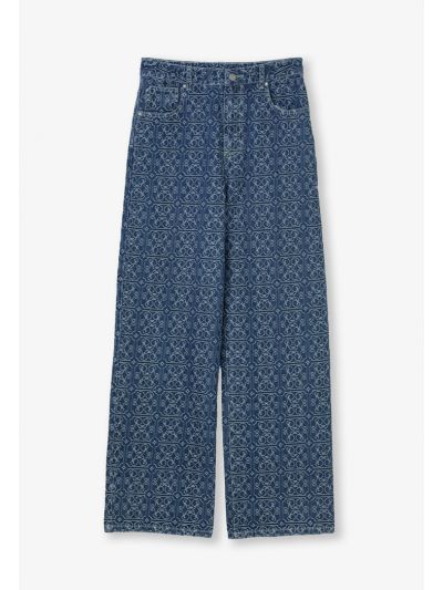 Monogram Print Wide Leg Denim Trouser