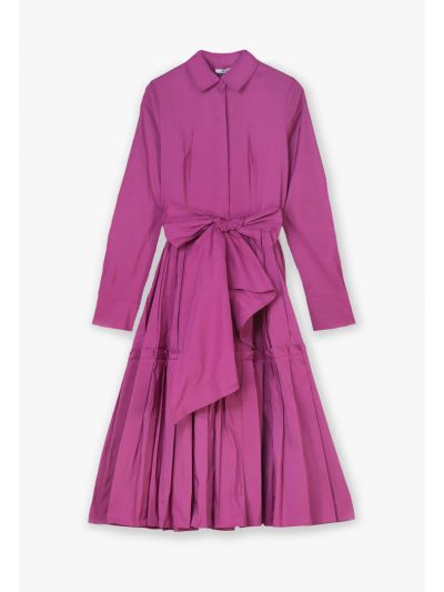 Solid Pleated Belted Midi Shirt Dress