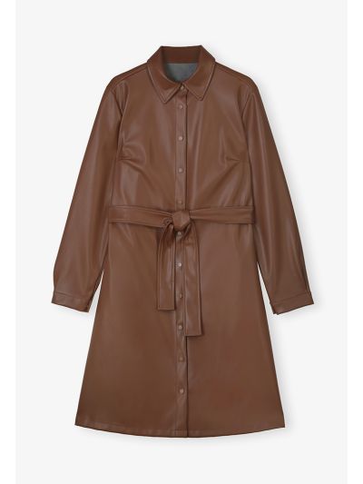 PU Leather Belted Shirt Dress