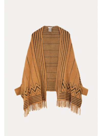 Fuzzy Contrast Lines Tasseled Edges Winter Poncho
