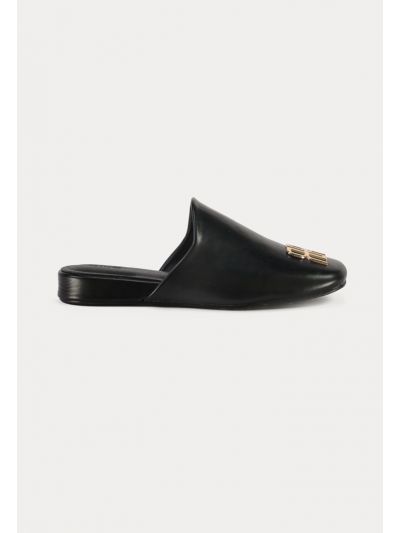 Metal Logo Plaque PU Leather Flat Mules -Sale