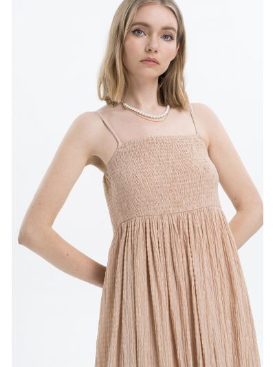Solid Smocked Front Textured Dress -Sale