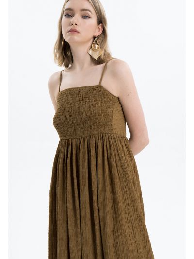 Solid Smocked Front Textured Dress -Sale