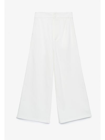 Solid Wide Leg Trouser With Button Waistband