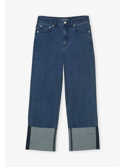 Wide Folded Solid Denim Pants