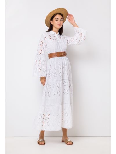 Solid Schiffli Tiered Belted Dress Set (2 PCS)