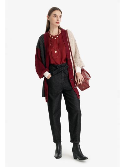 High Rise Paperbag Waist Band Regular Fit Denim Jeans