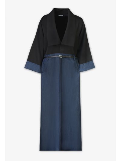 Contrast Denim Belted Open Abaya