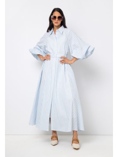 Striped Belted Flared Balloon Sleeve Dress Set (2 PCS)