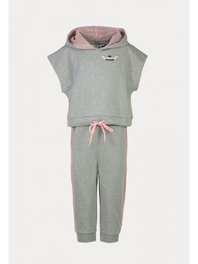Hoodie Mesh Trim Drawstring Blouse And Pants Set -Sale