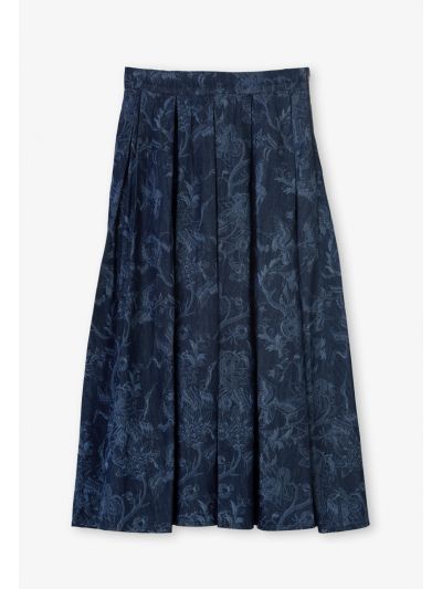 Printed Pleated Flared Denim Skirt