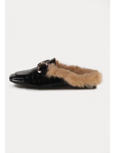 Textured PU Leather Acrylic Chain Fur Mules